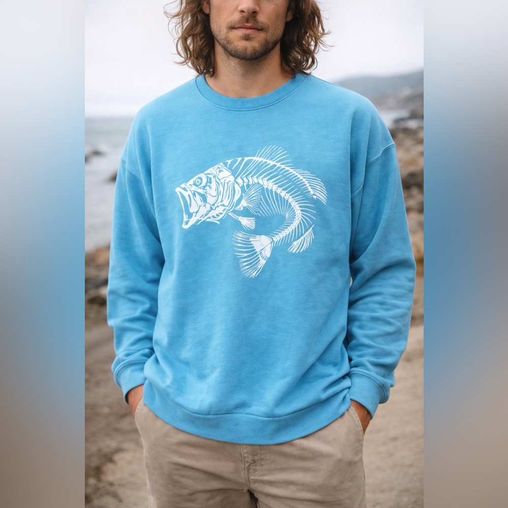 Bone Collector Fish Skeleton Graphic Blue Crewneck Sweatshirt Men’s 2XL